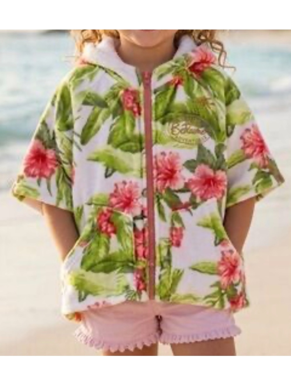 Tommy Bahama White Hooded Kids Cover-Up w/ Pink Floral & Green Leaf Print Towel